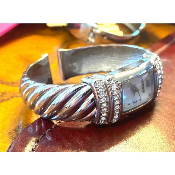 Women's 20mm Silver Tone Gossip Watch, Crystal Accents, MOP Face, Bangle Bracele - Picture 2 of 3